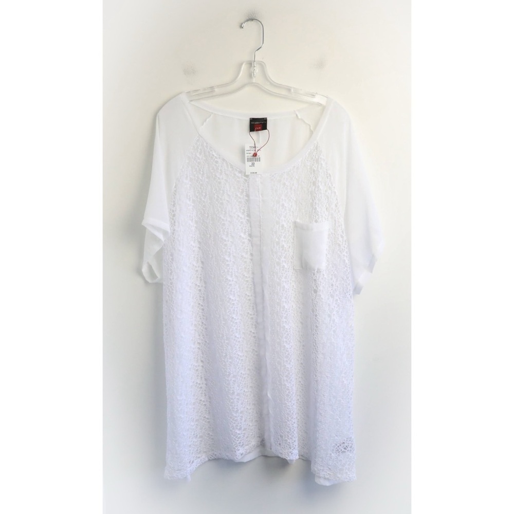 NWT CPM Due plus size blouse 22 bright white mixed lace sheer layered new light
